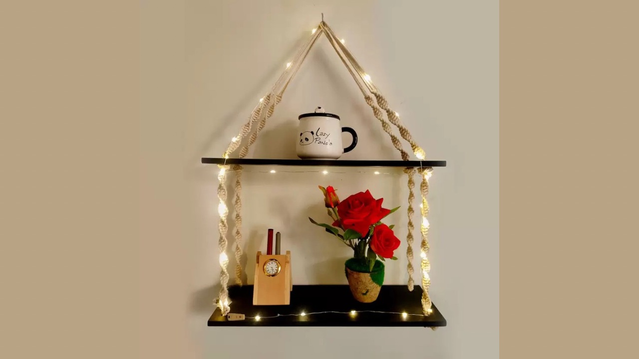 VAH Wood Macrema Knotting Rope 2 tier Wall hanging Wall shelf