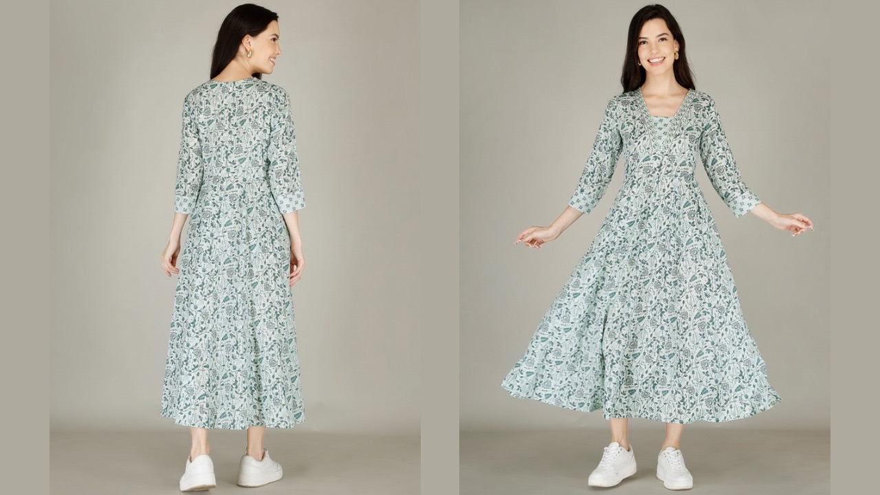 AJ ART Floral Printed Fit & Flared V- Neck Anarkali Ethnic Dress