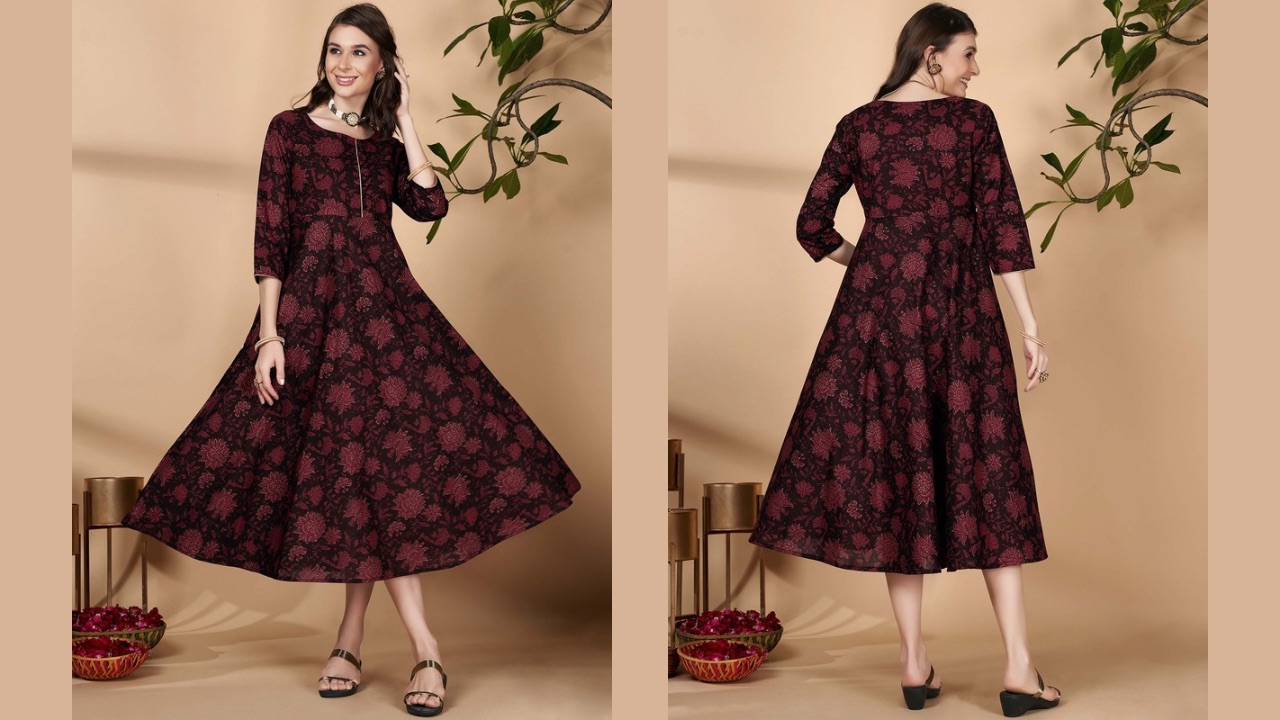 All About You Floral Printed Round Neck Pure Cotton Midi A-line Kurta