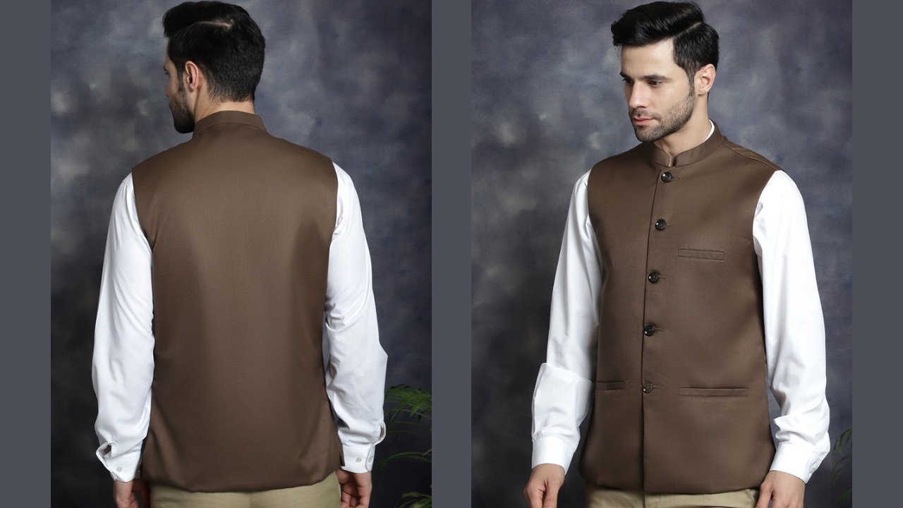 Anouk Brown Mandarin Collar Woven Nehru Jacket