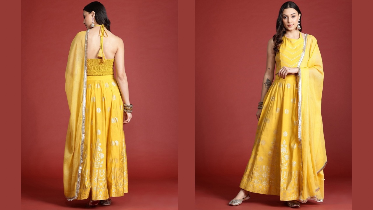 Anouk Printed Ready to Wear Halter Neck Smocked Lehenga & Blouse With Dupatta