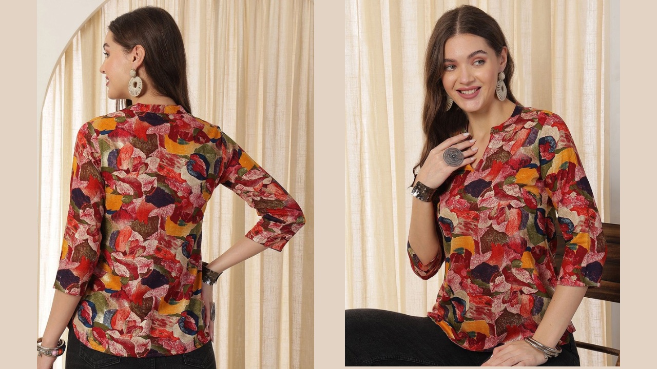 Anouk Rustic Women Printed Mandarin Collar Regular Top