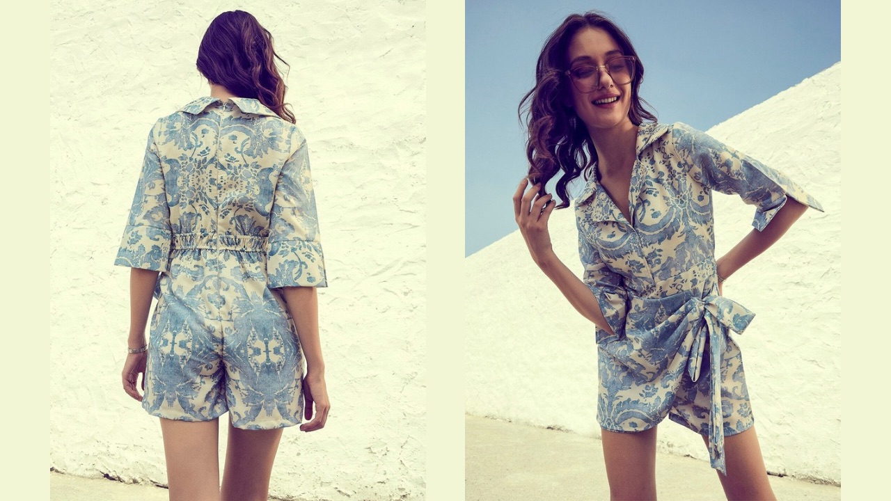 Athena Blue & White Linen Printed Jumpsuit