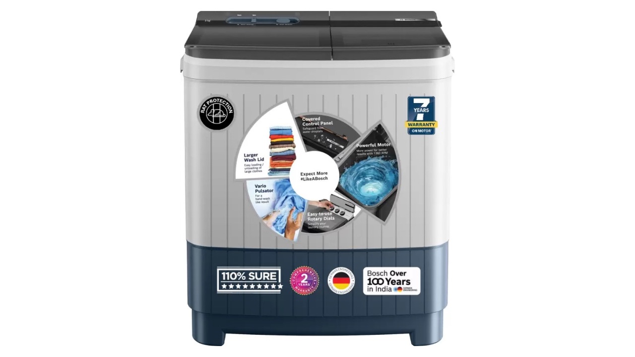 BOSCH 9 kg 5 Star with 1360 High RPM Spin Motor Semi Automatic Top Load Washing Machine Multicolor (WJP904P0IN)
