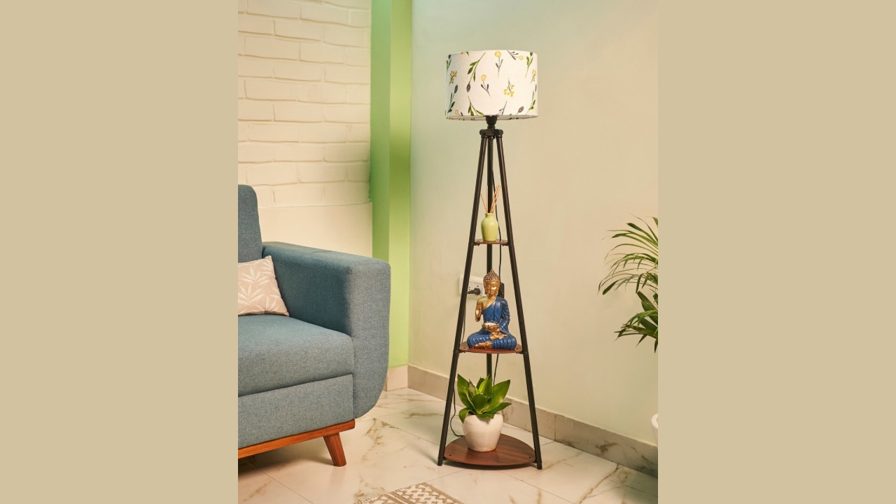 Crosscut White & Black Printed Metal Cylinder Shaped Floor Lamp With Shelves