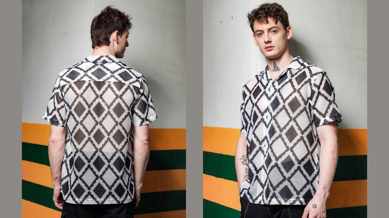 House of Koala Unisex Regular Fit Self Design Semi Sheer Crochet-Look Resort Shirt