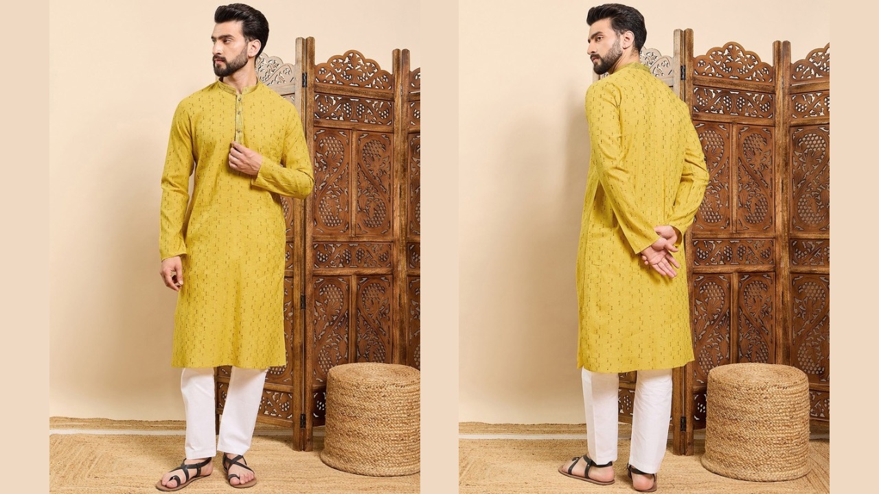 House of Pataudi Geometric Woven Design Mandarin Collar Straight Kurta