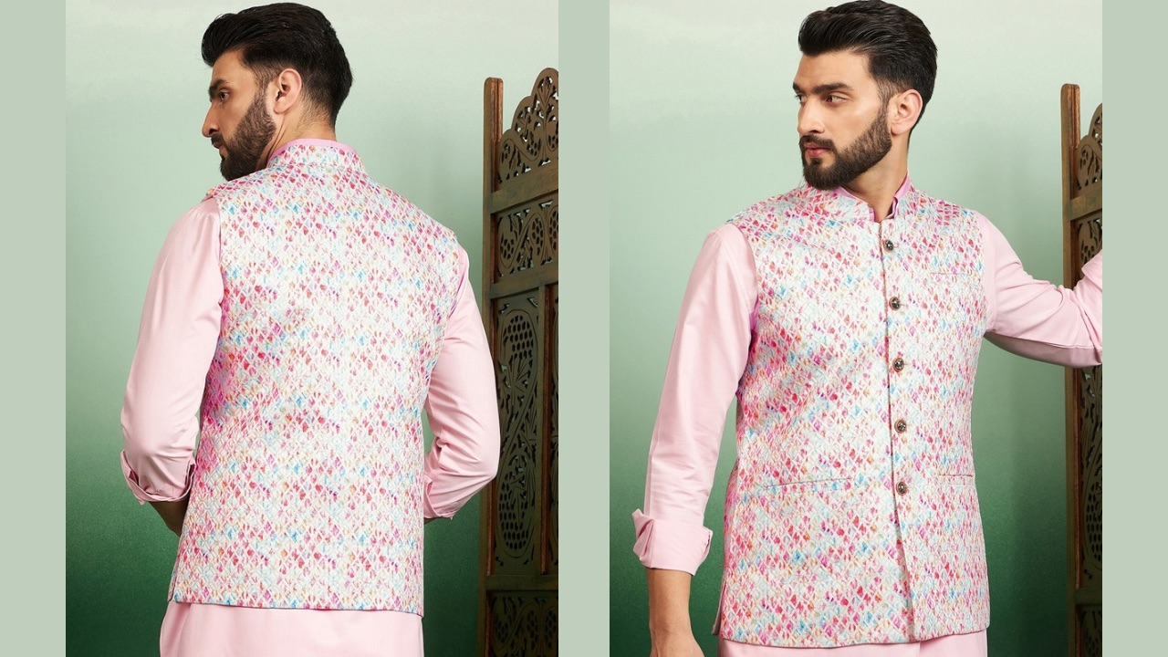 House of Pataudi Woven Design Nehru Jacket