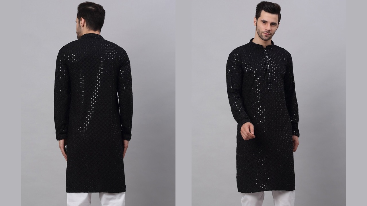 Jompers Men Black Floral Embroidered Sequined Cotton Kurta