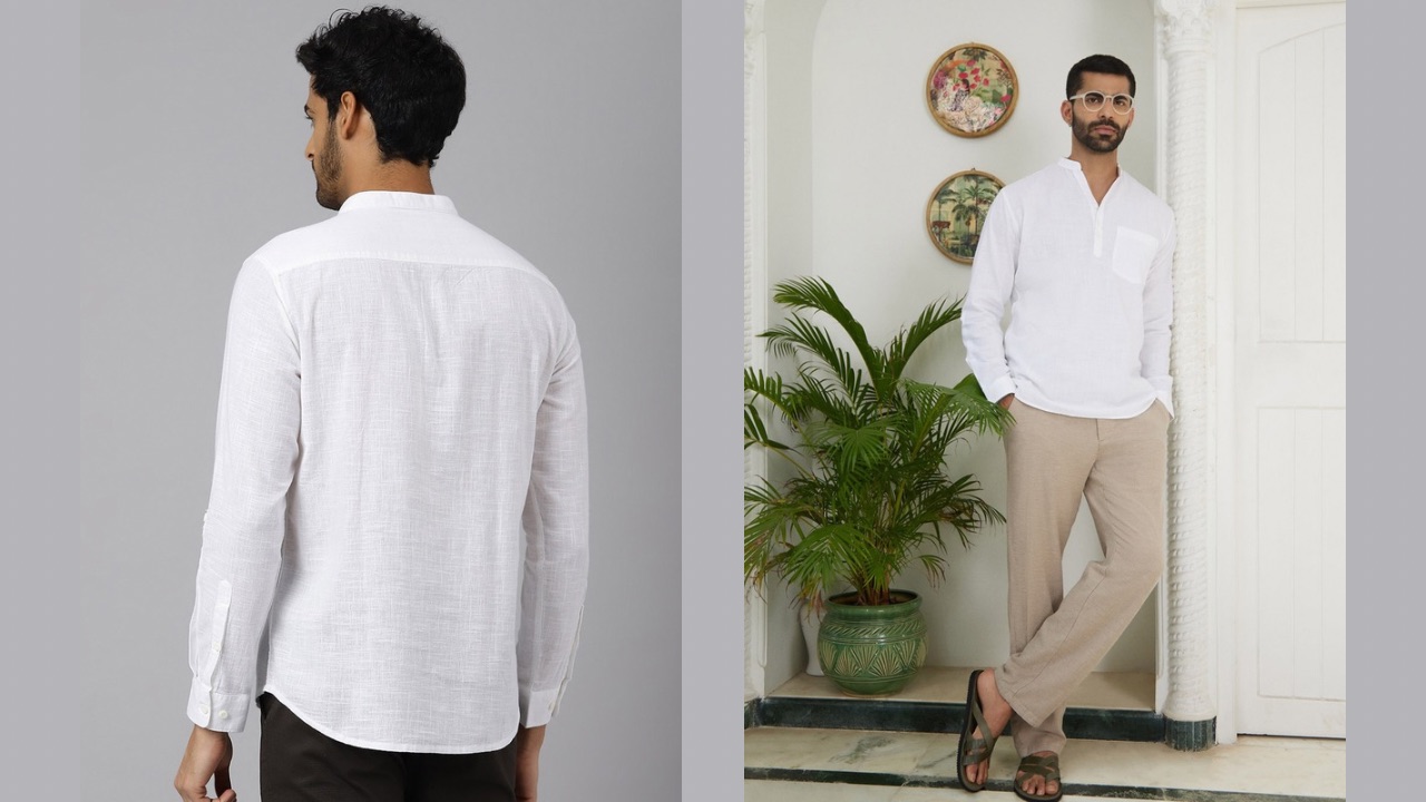 KINGDOM OF WHITE Mandarin Collar Pure Cotton Short Kurta