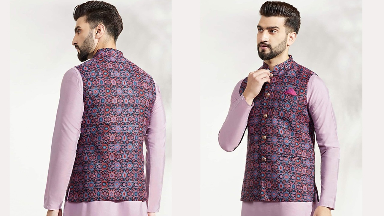 KISAH Men Woven Jacquard Zari Regular Fit Nehru Jacket
