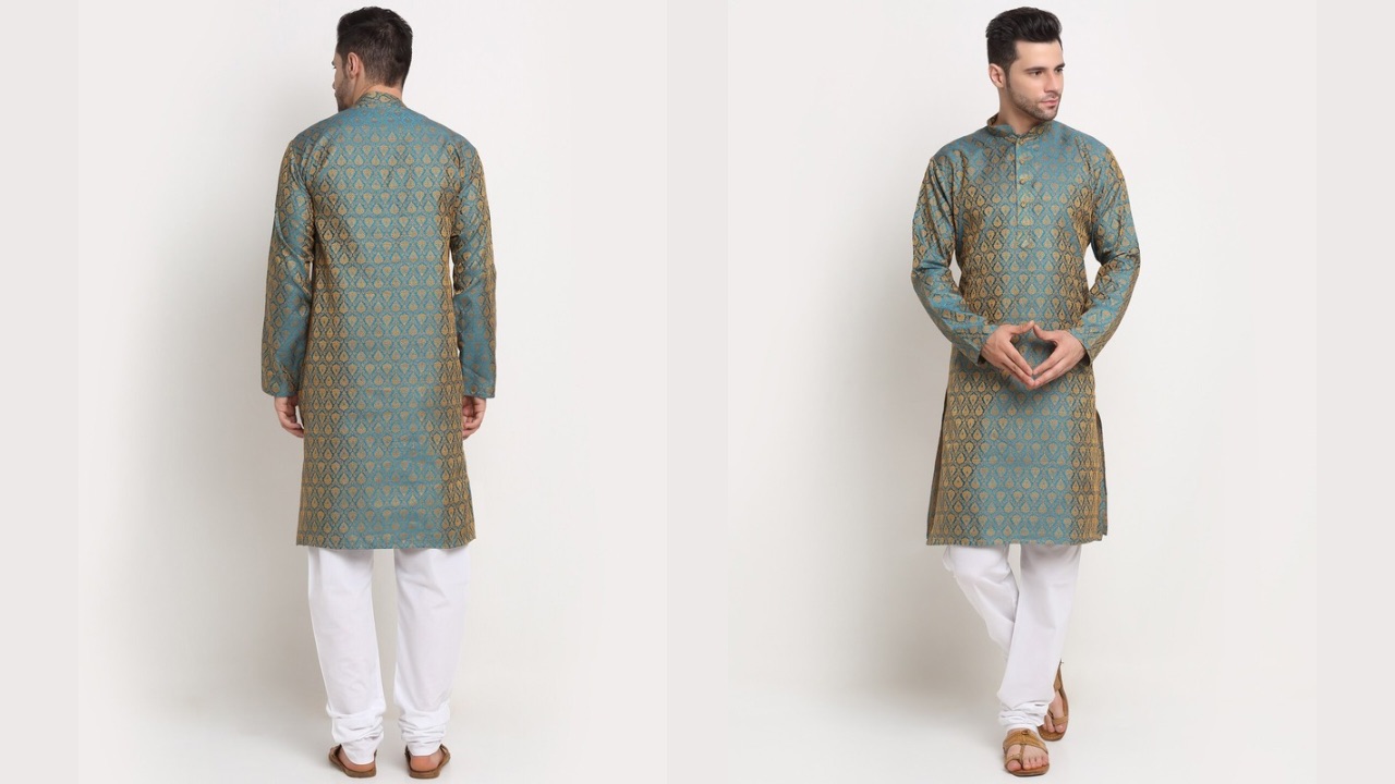 KRAFT INDIA Men Blue &  Gold-Toned Ethnic Motifs Jacquard Kurta