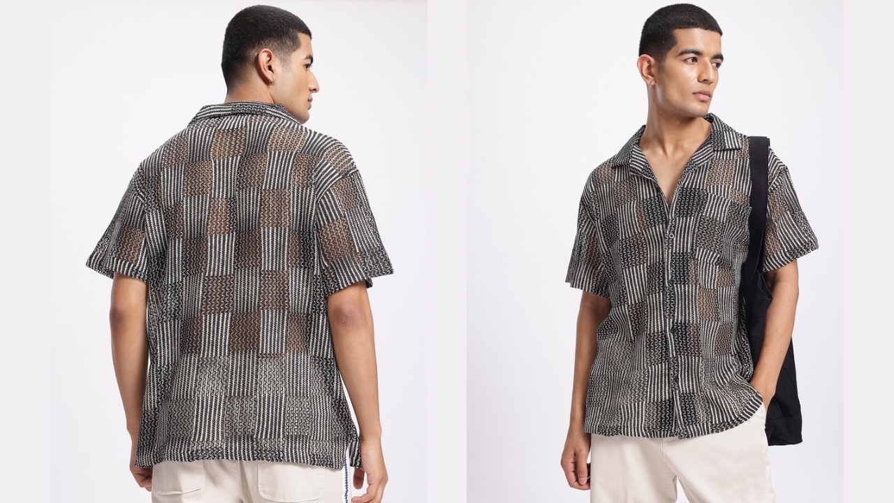 Kook N Keech Crochet Grid Drop-Shoulder Relaxed Shirt