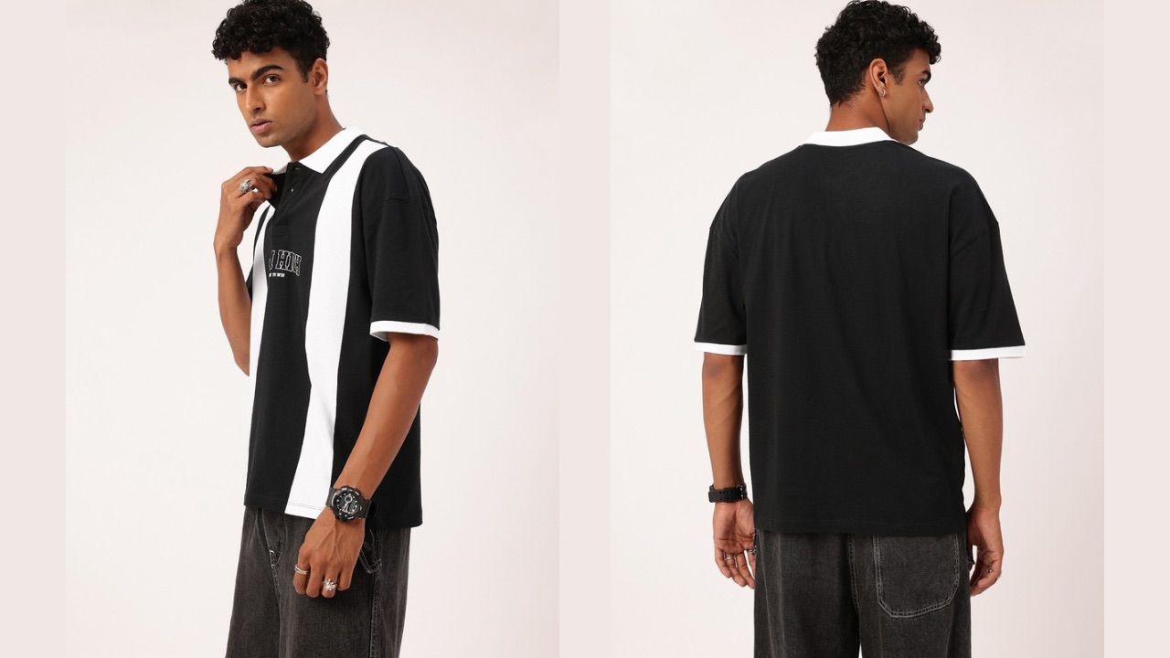 Kook N Keech Modern Vibe Monochrome Striped & Typography Polo Collar Oversized T-shirt