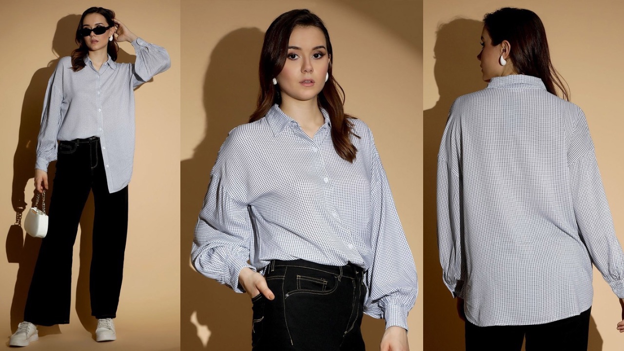 Kotty Women Spread Collar Micro Ditsy Printed Cotton Oversized Casual Shirt
