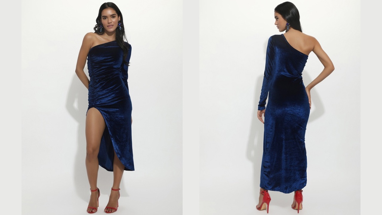 LULU & SKY One-Shoulder Gathered Front Slit Velvet Bodycon Midi Dress