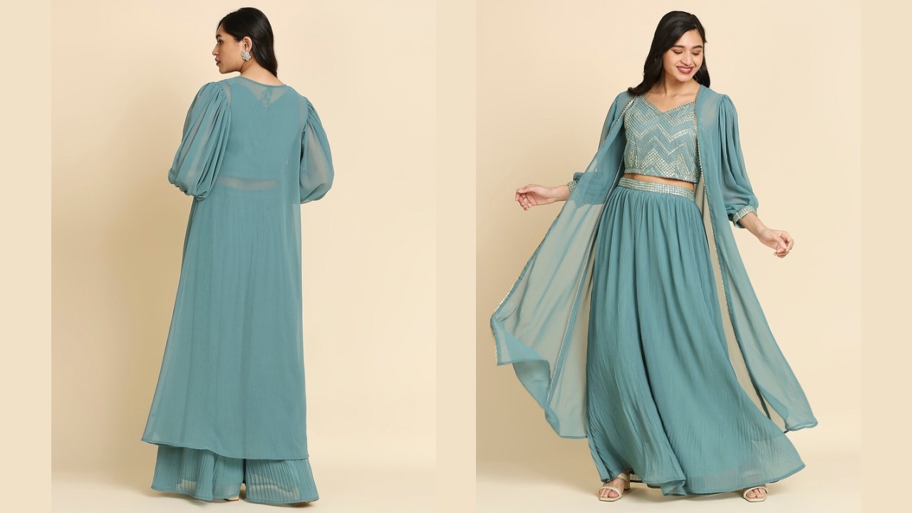 MADHURAM Teal & Gold-Toned Embellished Ready to Wear Lehenga Choli with Jacket