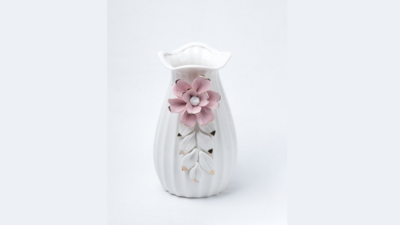 MARKET99 Off White & Pink Textured Ceramic Flower Vase