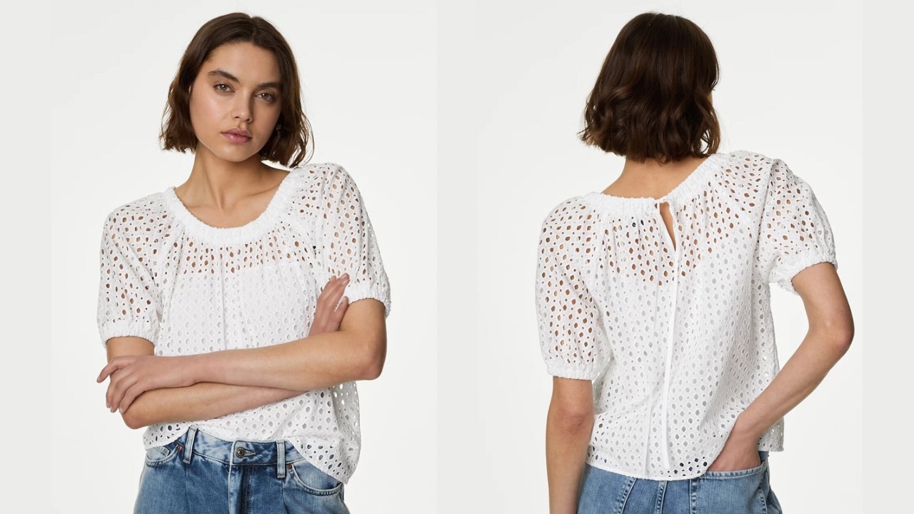 Marks & Spencer Self Design Raglan Sleeves Schiffli Cotton Top