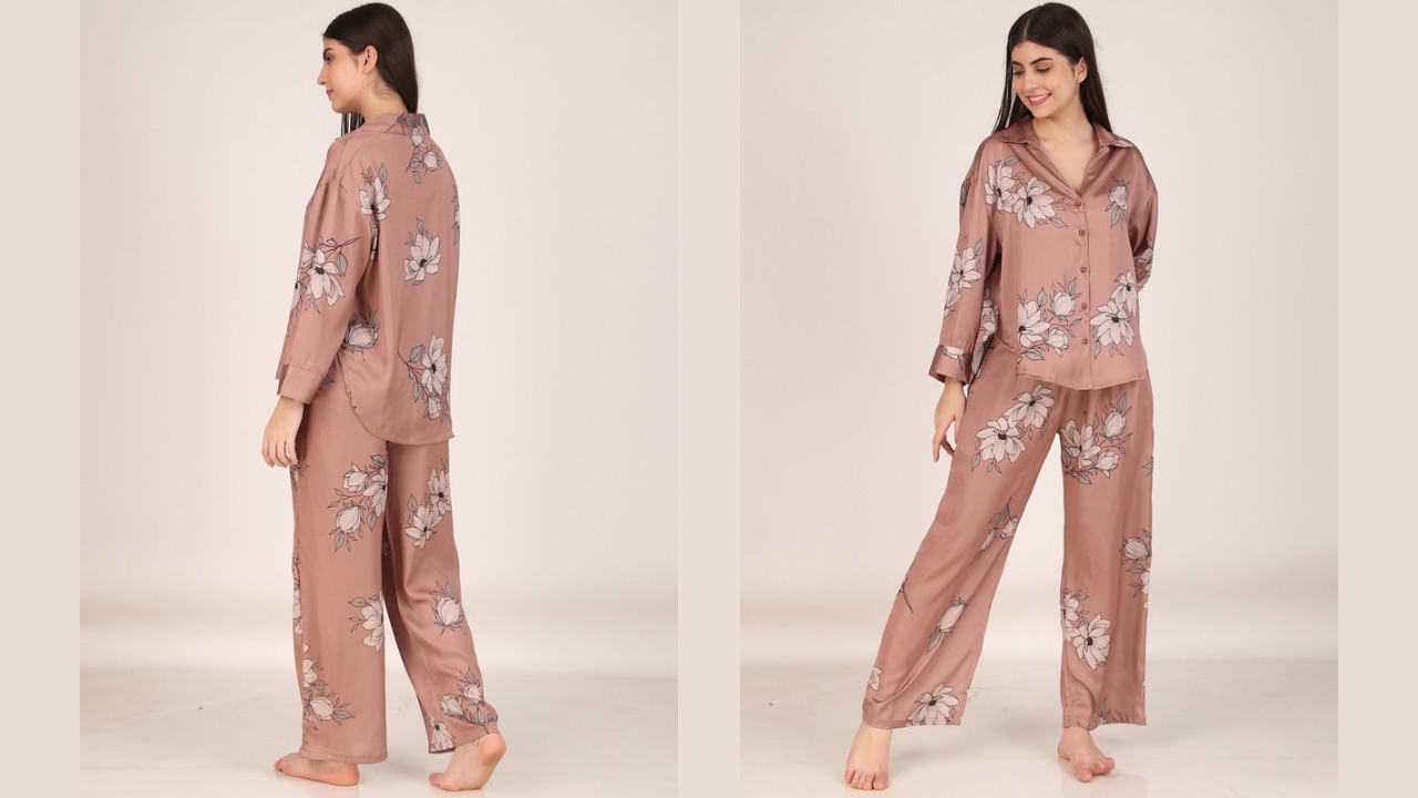 Masha Brown & Grey Floral Printed Shirt Collar Satin Night Suit