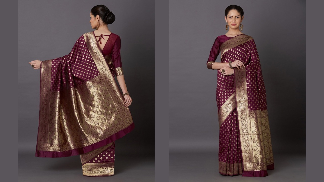 Mitera Magenta & Gold-Toned Silk Blend Woven Design Kanjeevaram Saree