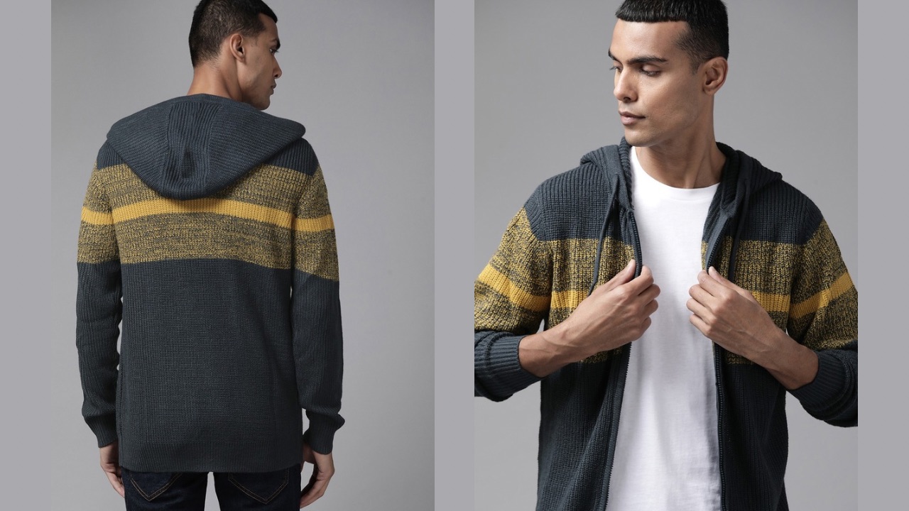 Roadster Men Navy Blue & Mustard Yellow Striped Hooded Cardigan