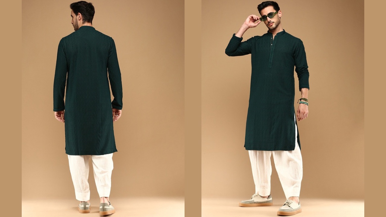 Sangria Green Ethnic Motifs Embroidered Mandarin Collar Chikankari Cotton Straight Kurta