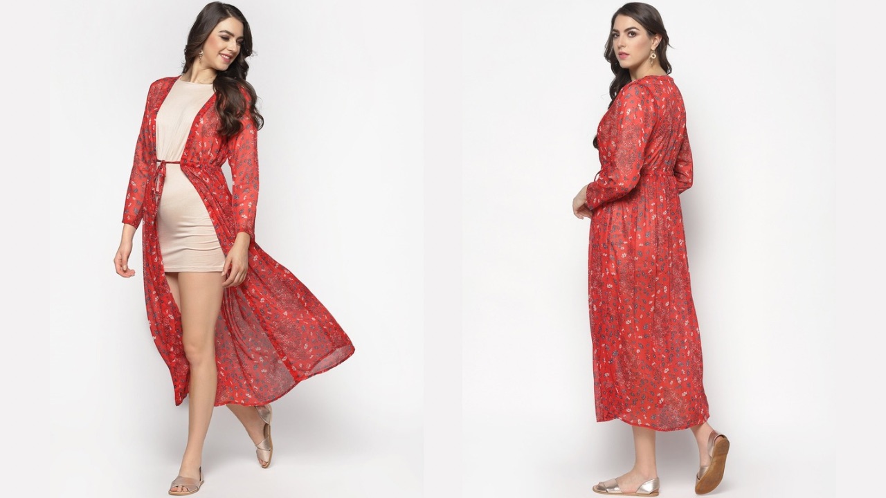 Sera Women Red & Teal Floral Printed Tie-Up Shrug