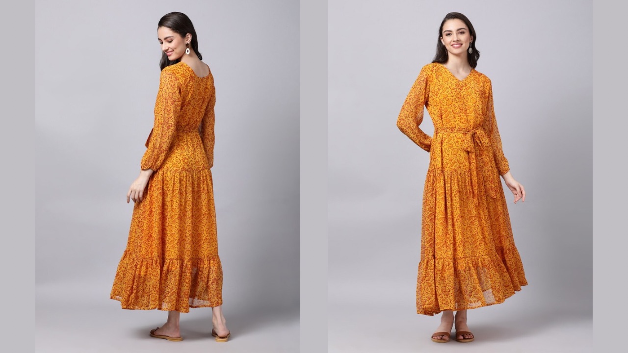 Souchii Yellow Floral Layered Chiffon Maxi Dress