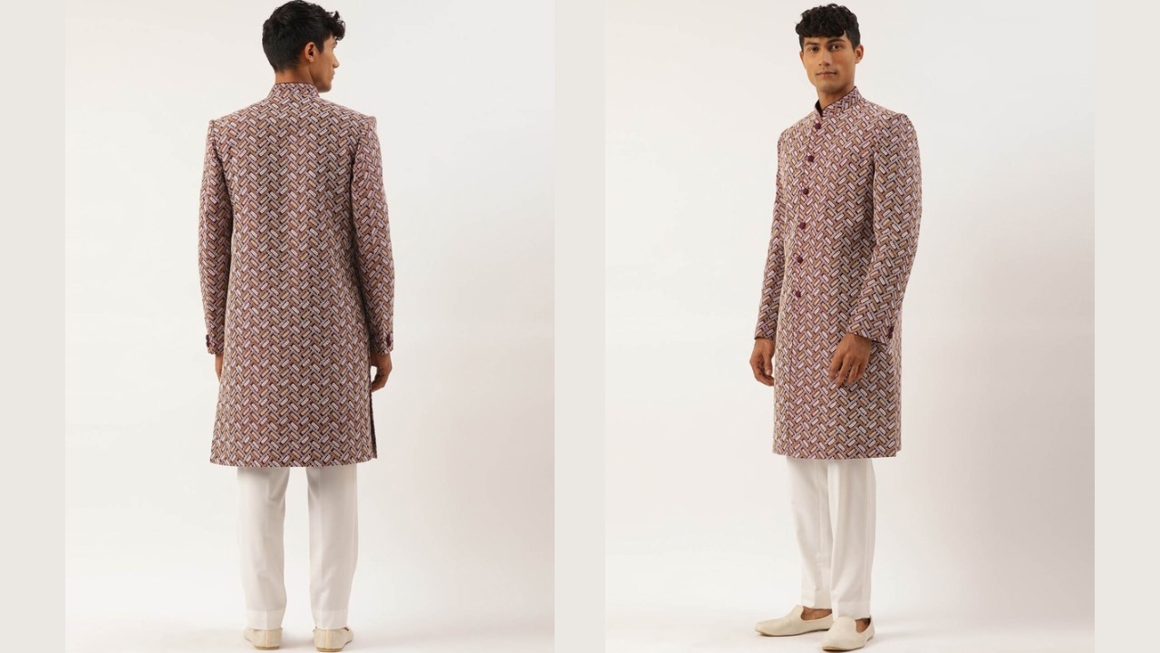 TheEthnic.Co Embroidered Mandarin Collar Sherwani Set