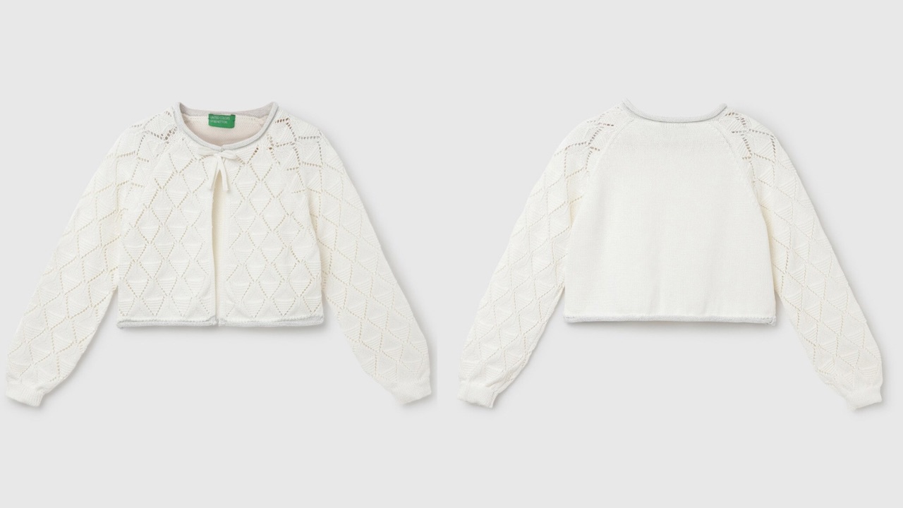 United Colors of Benetton Girls Self Design Open Knit Cotton Front Open Sweaters