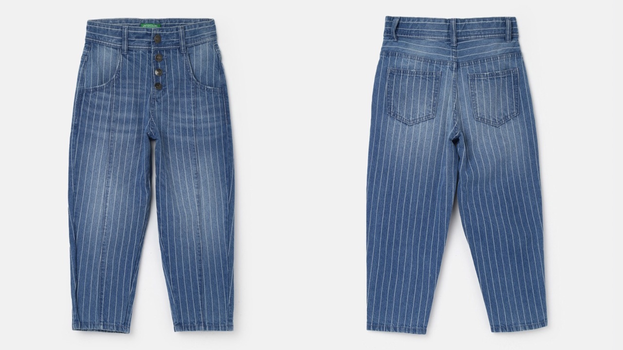 United Colors of Benetton Girls Slouchy Fit Striped Light Fade Cotton Jeans