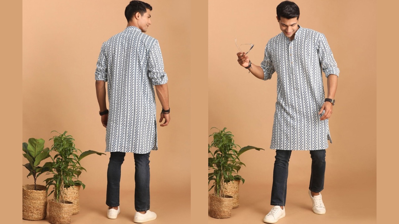 VASTRAMAY Geometric Printed Cotton Sustainable Kurta
