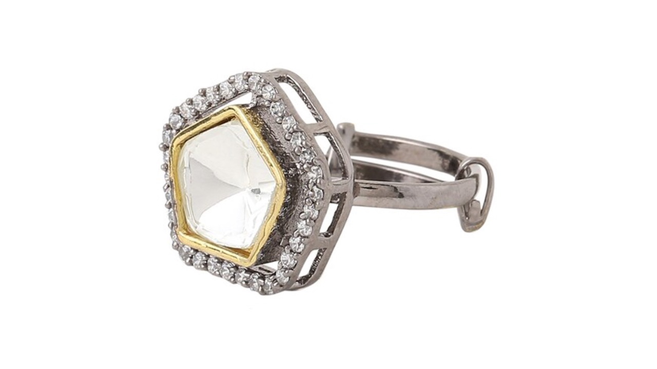 VIRAASI Rhodium-Plated Silver-Toned & White Kundan Studded Adjustable Ring