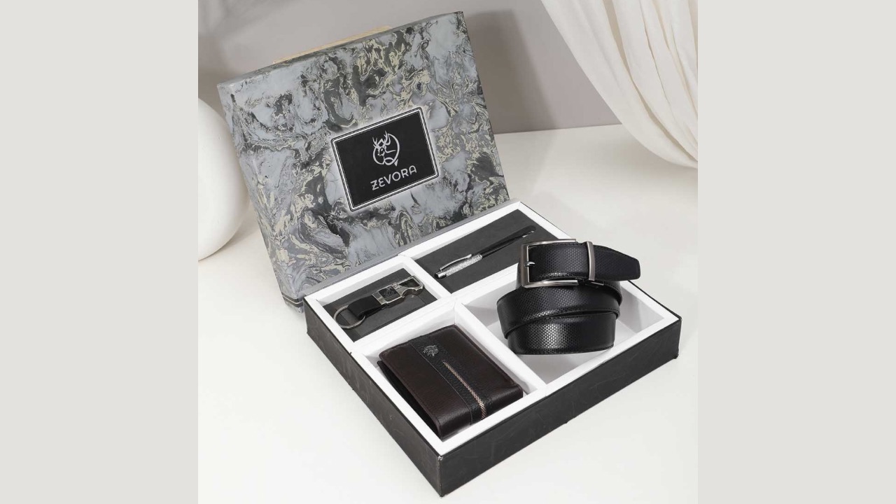 ZEVORA Men Leather Belt, Wallet, Keychain and Pen Accessory Set