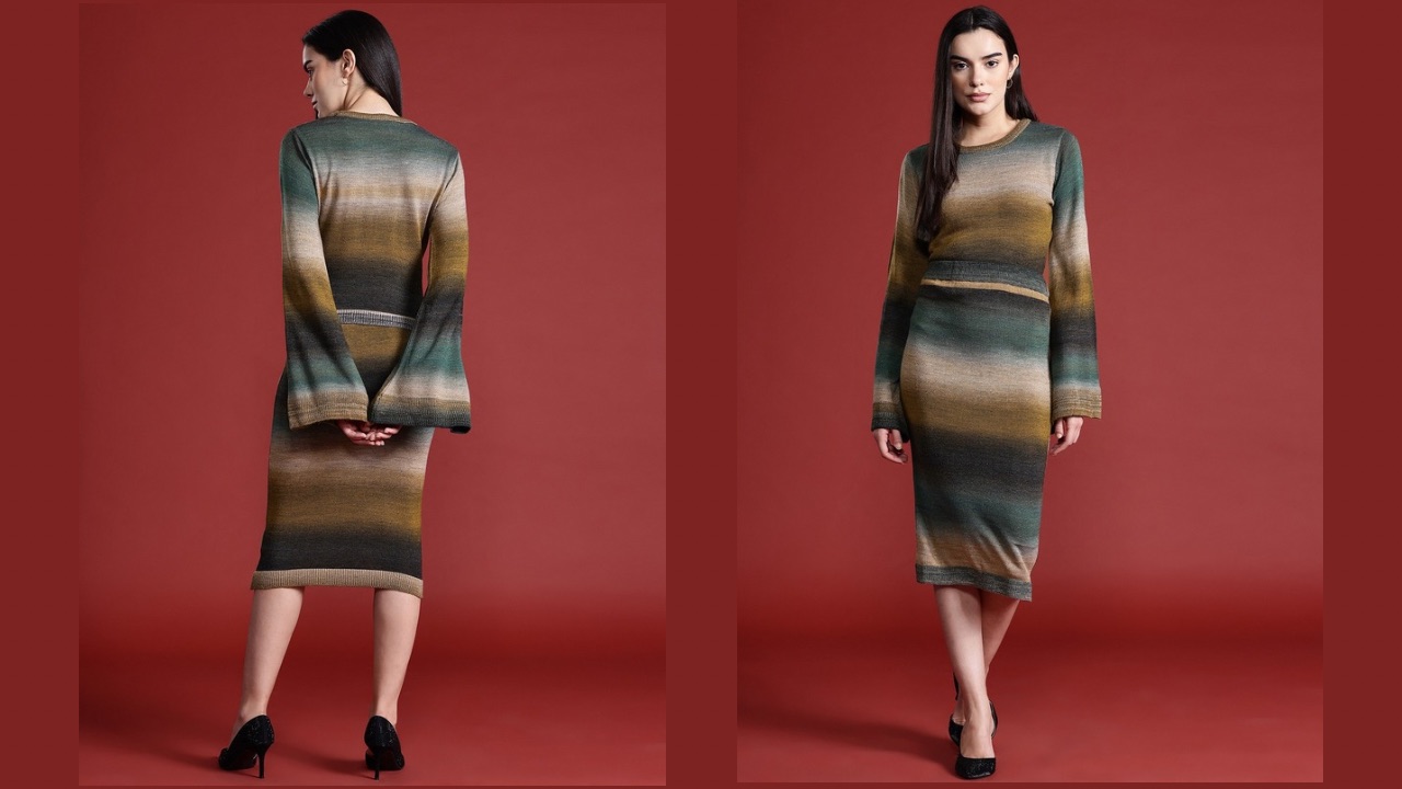 all about you Women Colourblocked Ribbed Top With Skirt