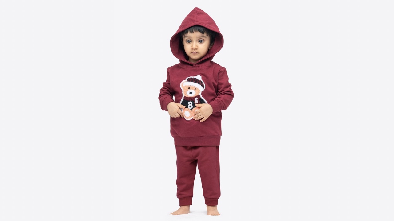 ariel Kids Self Design Hooded Cotton Sweatshirt With Jogger