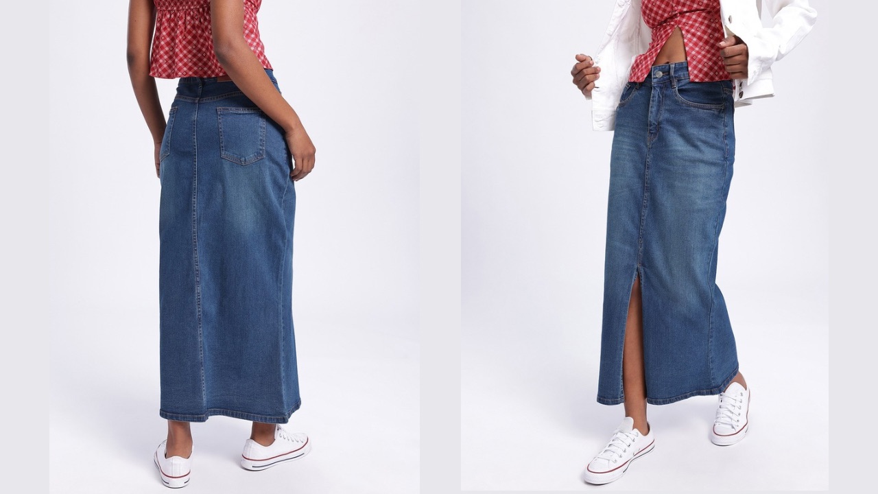 glitchez Skyline Crush Slit Slim Fit Denim Maxi Skirt