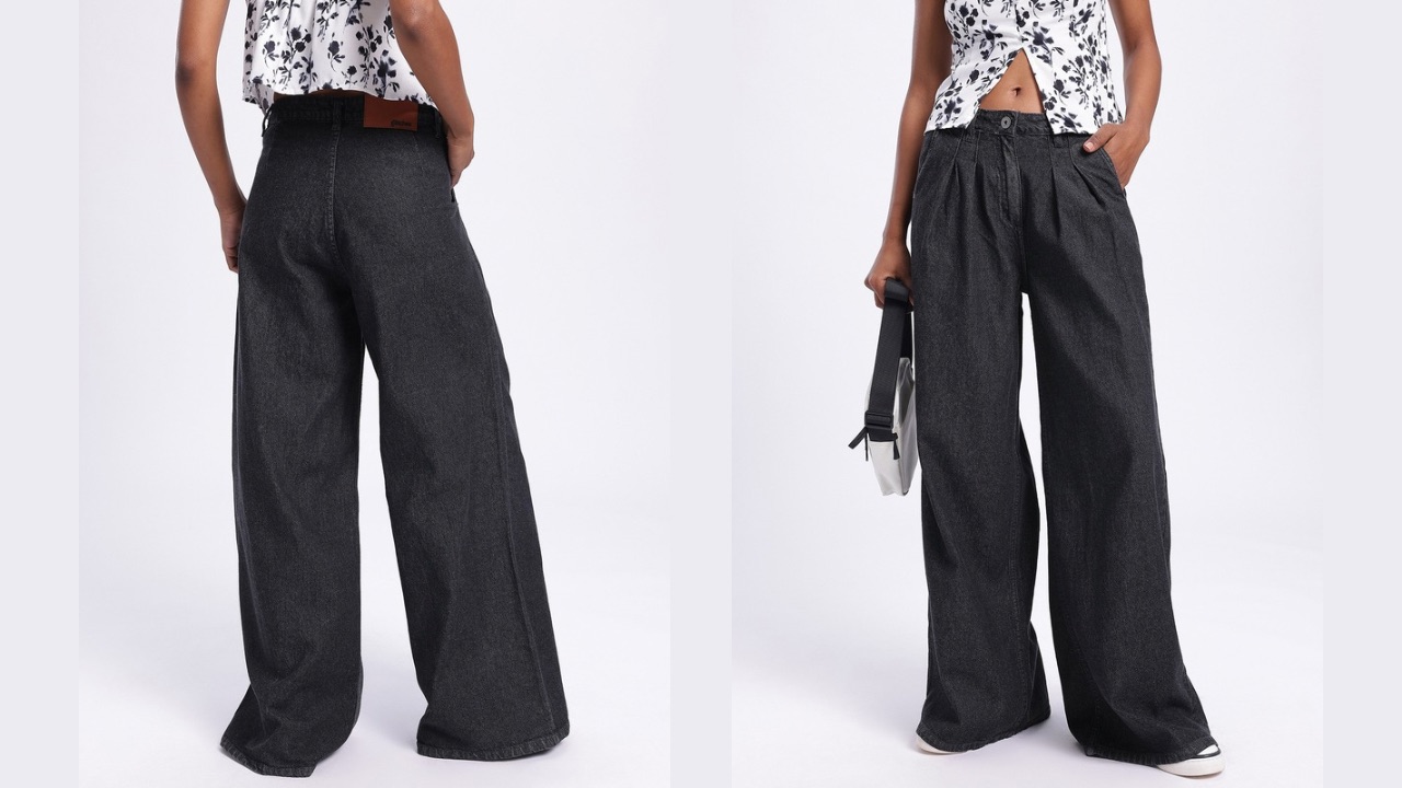 glitchez Women Breezy Silhouette Mid-Rise Pure Cotton Pallazzo Jeans