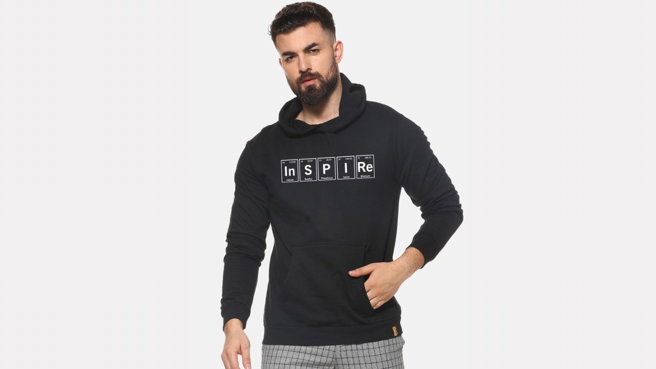Campus Sutra Men Black Printed Hooded Sweatshirt