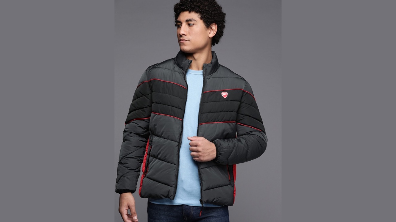 Ducati Men Charcoal Grey & Black Solid Padded Jacket