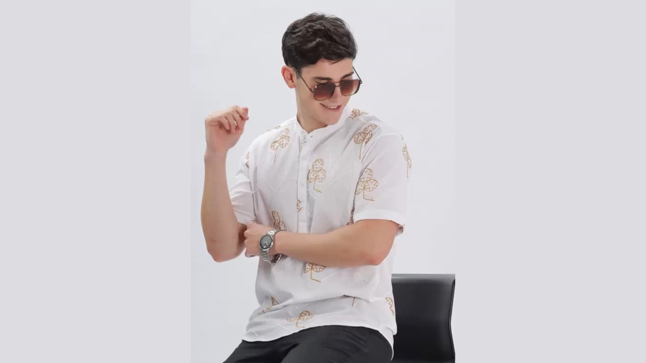 FUBACK Men Regular Fit Embroidered Mandarin Collar Casual Shirt