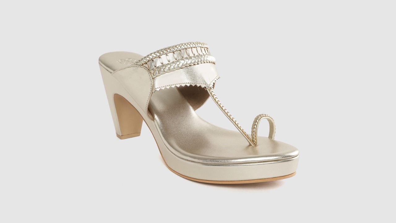 House of Pataudi Women Muted Gold-Toned Braided Handcrafted One Toe Heels