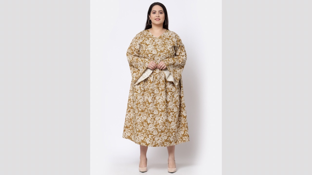 KLOTTHE Plus Size Mustard Yellow Floral Midi Dress