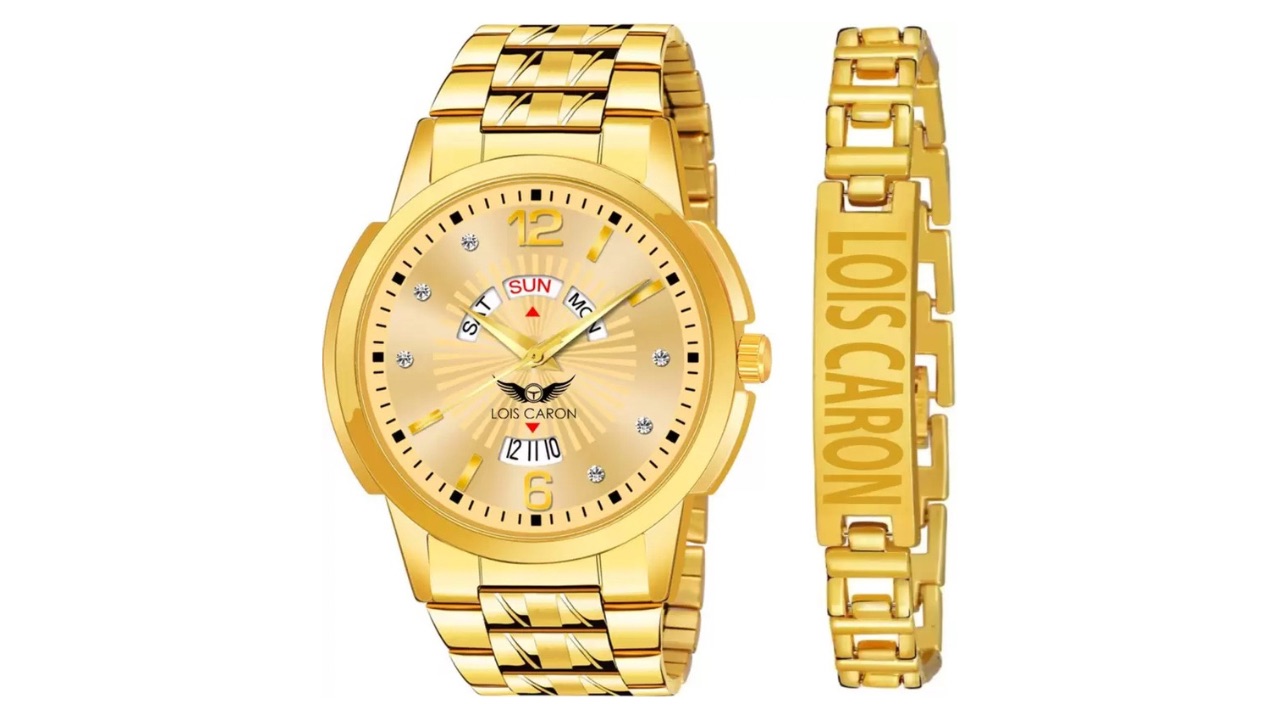LOIS CARON Combo Set of Original Gold Plated Day & Date Functioning With Bracelet for Boys Analog Watch - For Men LCS-9164