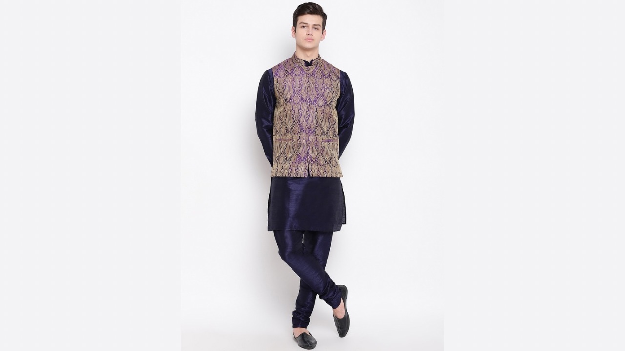 MAG Men Navy Blue & Purple Solid Kurta with Churidar & Nehru Jacket