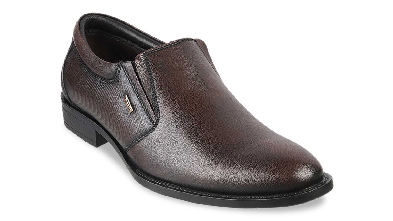 Metro Men Brown Solid Formal Slip-Ons