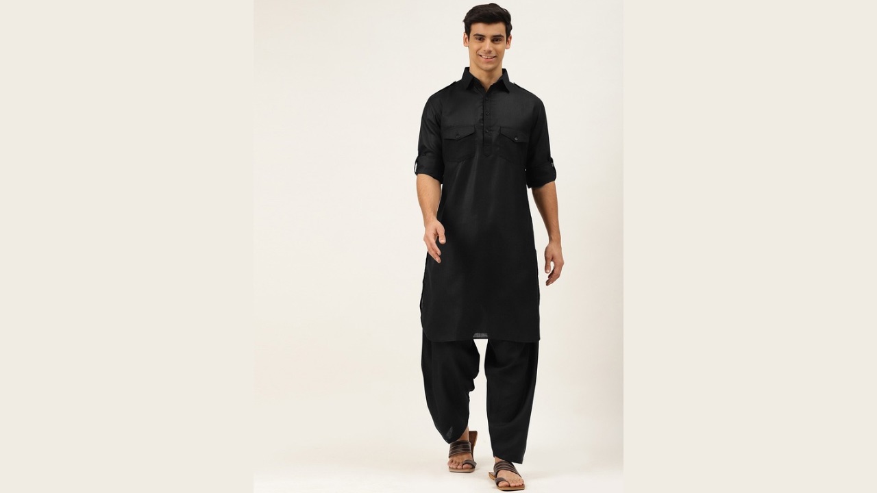 Molly & Michel Men Black Solid Pure Cotton Pathani Kurta with Salwar