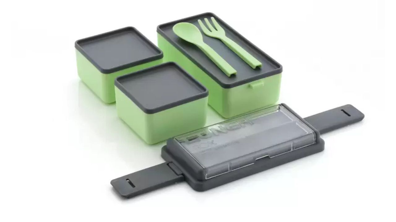Omortex Rectangular Classy 3-Section 1 Spoon Fork Containers Lunch Box