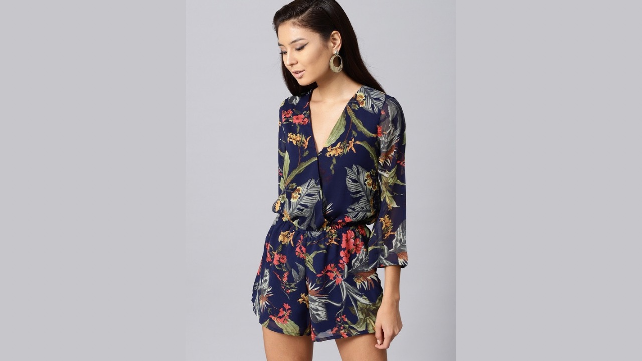 SASSAFRAS Navy Blue & Green Floral Print Playsuit